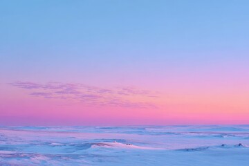Soft pastel gradient sky transitions over a vast snowy plain, capturing the serene beauty of winter twilight in an expansive landscape