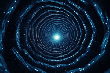 view looking up an illuminated spiral staircase with blue lighting creating a futuristic tunnel effect and a glowing light at the center