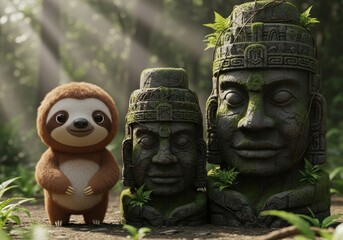 Obraz premium Cartoon sloth smiling beside two ancient, moss-covered stone heads, with sun rays filtering through the jungle foliage