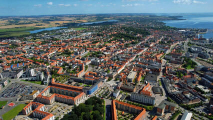 A panorama Aerial view around the old town in the city of  Horsens in Denmark on s sunny summer noon