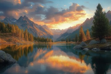 Serene mountain lake at sunset with calm reflective water, surrounded by pine trees and rugged peaks under a colorful cloudy sky