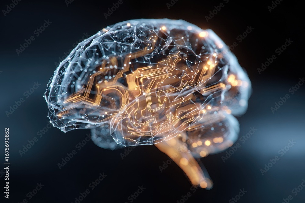 Poster digital brain model illustrating machine learning processes and neural network connections in a futu