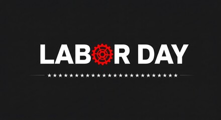 Fototapeta premium Black and white minimalist Labor Day design featuring a red industrial gear icon and a line of stars