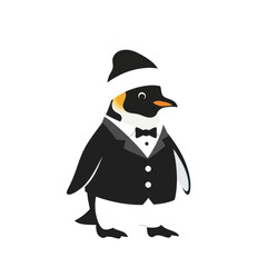 Fototapeta premium A penguin in a tuxedo and winter hat is presented against a plain black backdrop.