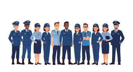 Diverse group of professionals in various uniforms standing together.