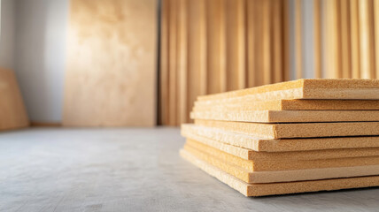 Mineral wool panels placed on a concrete floor during house renovation, with wooden panels and planks in background