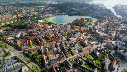 A panorama Aerial view around the old town in the city of Kolding in Denmark on s sunny summer...