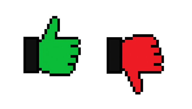 Pixelated Thumbs Up and Thumbs Down Icons in Retro 8-bit Style isolated on Transparent Background