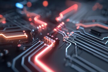 Abstract circuit design featuring glowing elements in a dynamic composition, illustrating technological innovation and complexity in electronic circuits