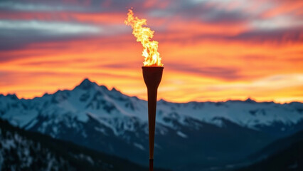 Olympic torch blazing against snowy alpine peaks, golden sunset illuminating winter sporting spirit during Italian Winter Games