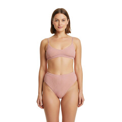 Obraz premium A woman in a two-piece swimsuit, isolated on a transparent background. This image showcases the woman's swimwear in detail, making it ideal for fashion and apparel projects