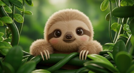 Obraz premium Cute animated baby sloth peeks out from lush green vines, looking charmingly into the viewer's eyes