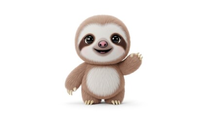 Obraz premium Cute animated sloth waving its hand, with fluffy fur and big eyes, isolated on a bright white background