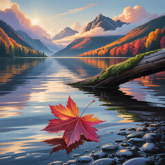Serene mountain lake with autumn trees, calm water, sunset sky, and a leaf.