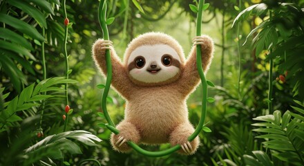Obraz premium Cute, animated sloth hangs on a vine in a bright jungle setting with dense leaves and red berries in the background