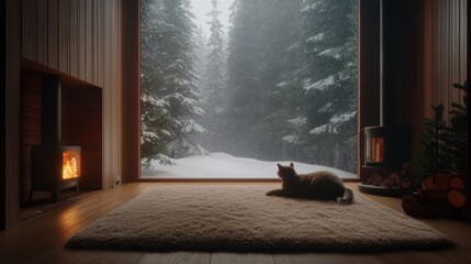 Cozy winter cabin with cat lounging by fireplace and snowy forest view