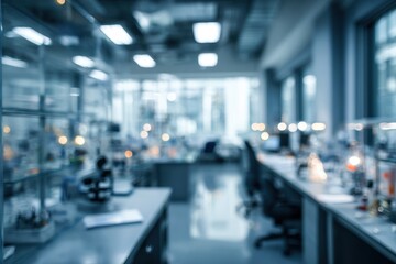 Abstract blurred interior of a science laboratory with workstations and equipment visible in a spacious, modern environment