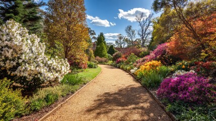 Obraz premium Vibrant Landscape of Colorful Blossoms in a Serene Garden Pathway Under a Clear Blue Sky