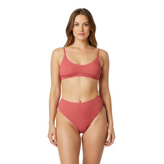 Fototapeta premium Beautiful Woman Wearing Coral Bikini Isolated on a Transparent Background, Front View