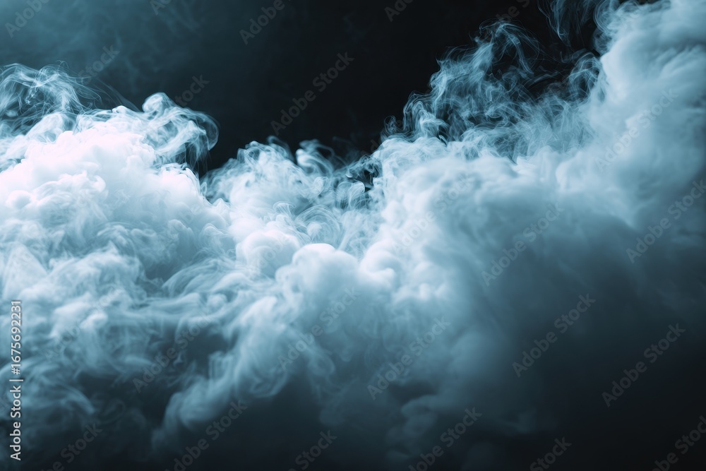 Poster wisps of white fog swirl on a dark background creating an ethereal atmosphere and serene mood in an 