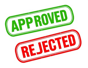 Two colored stamp-like boxes. One green with "APPROVED" and one red with "REJECTED