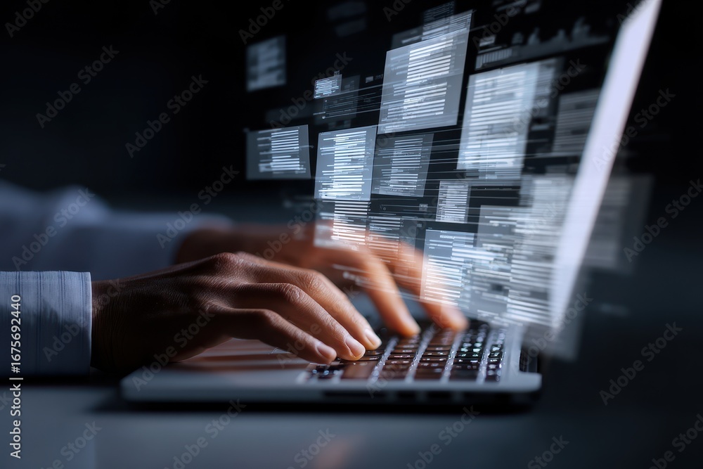Poster hands typing on a laptop in a dark environment with floating digital data showcasing tech interactio