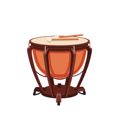 A vibrant, graphic illustration of a large, orchestral timpani drum, highlighted against a striking black backdrop.