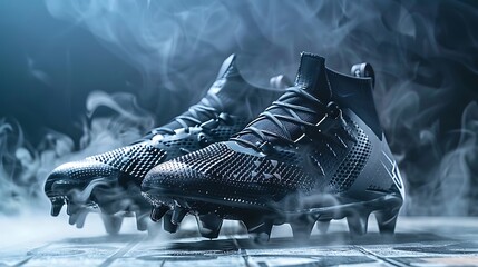 Illustration of a dramatic studio shot features a pair of black soccer cleats enveloped in smoke, highlighting their sleek design, advanced technology, and performanceenhancing features for athletes