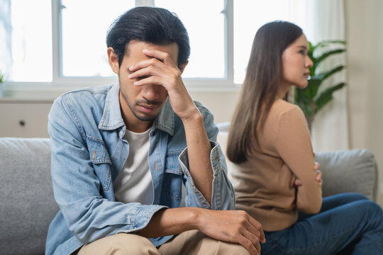 Breakup and depressed, asian young quarrel couple love fight relationship in trouble. Different people are emotion angry. Argue wife has expression upset with husband. Problem of family people.