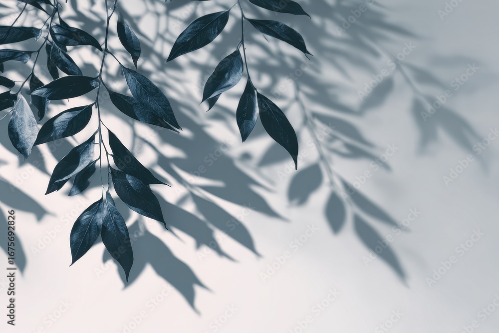 Poster Natural leaf shadows create intricate patterns on a light surface, evoking a serene atmosphere in a tranquil setting during the afternoon