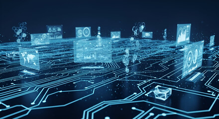 Futuristic circuit board visualization with data analysis interfaces and network connections
