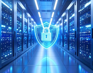 Generated image Futuristic Data Center with Glowing Cybersecurity Shield and Blue Server Lights