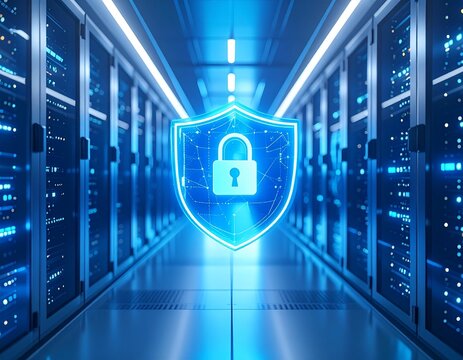 Generated image Cybersecurity Shield Overlay in Futuristic Data Center with Blue Server Lights - Powered by Adobe