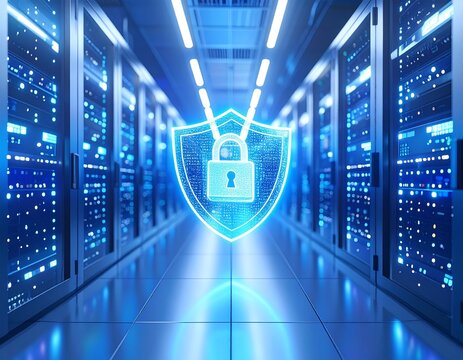 Generated image Futuristic Data Center with Glowing Cybersecurity Shield and Blue Server Lights