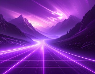 Generated image Neon Grid Road with Purple Glow, Futuristic Mountains, and Cosmic Sky