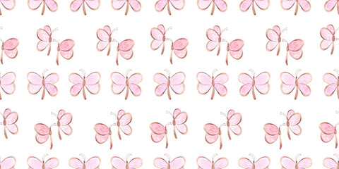 Obraz premium Watercolor delicate pink butterfly seamless background pattern. Childish gentle retro style background. Wallpaper For banner design, wrapping paper, print and decoration