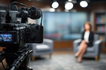 Interview recording session in a professional television studio setting capturing dynamic interaction between host and guest