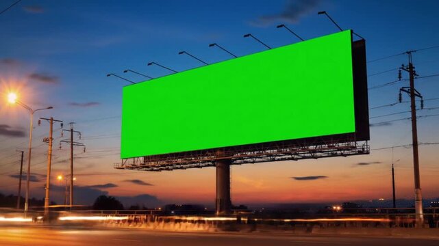 Green billboard above road near twilight skies. Suitable for advertising, marketing, urban themes, and transportation concepts in design projects.