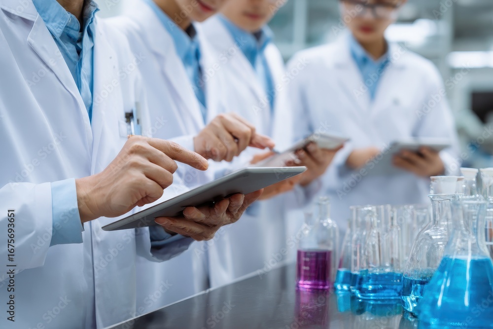 Aufkleber scientists in lab coats collaborating with tablets, analyzing experiments and data in a modern labor