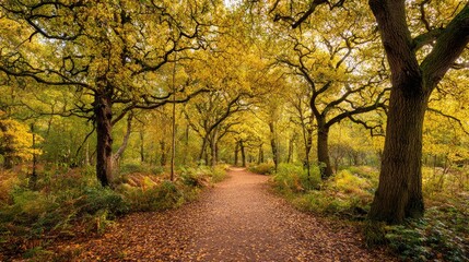 Obraz premium Serene Autumn Pathway in Lush Forest Grove Surrounded by Golden Foliage and Vibrant Greenery