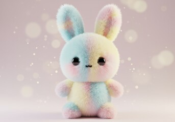 Obraz premium Fuzzy pastel bunny with rosy cheeks, bokeh background. Cute, soft and sweet, it's perfect for springtime decor