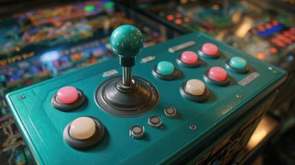 Vintage arcade gaming controller close-up with colorful buttons and joystick on display at an amusement arcade