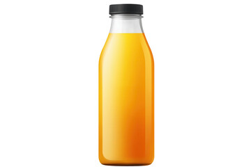 Realistic orange juice bottle, isolated on bright background, showcasing vibrant color and fresh appearance suitable for beverage promotions and advertising purposes