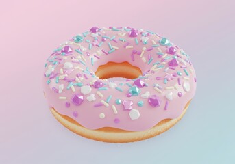 Donut with pink frosting and colorful sprinkles on a gradient background