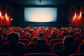 People seated in red chairs watching a blank screen in a cinema auditorium during an event in the evening