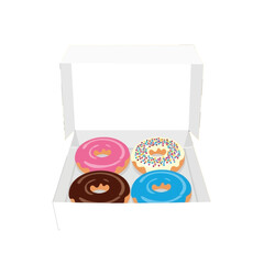 Four glazed donuts in a white cardboard box, showcasing various colorful toppings and delectable designs.