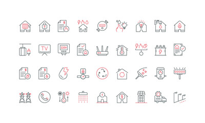 Public utilities contract for electric energy and gas, water supply, repair and maintenance services line icon set. Electricity meter, heater thin black and red outline symbols vector illustration