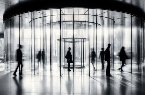 silhouettes of people walking through a large modern revolving glass door with reflections and blurred motion in a bright, spacious lobby