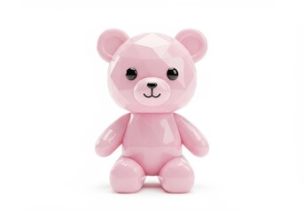 Fototapeta premium A low-poly pink bear with black eyes and mouth is sitting against a bright white backdrop