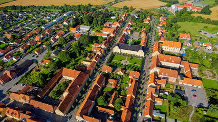 Aerial panorama of the downtown of the city Tyrstrup in Denmark on a sunny summer day.